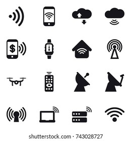 16 vector icon set : wireless, phone wireless, cloude service, cloud wireless, phone pay, smartwatch, wireless home, antenna, drone, remote control, satellite antenna