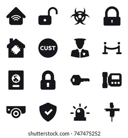 16 vector icon set : wireless home, unlock, lock, smart house, vip fence, passport, locked, key, intercome, surveillance camera, scarecrow