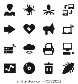 16 vector icon set : woman, chip, virus, notebook connect, right arrow, loudspeaker, trash bin, bug