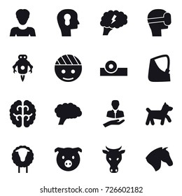 16 vector icon set : woman, bulb head, brain, virtual mask, jet robot, dog, sheep, pig, cow, horse