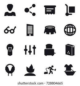 16 vector icon set : woman, molecule, atm receipt, cargo stoller, skyscraper, stadium, sheep, sprouting, vacuum cleaner, handle washing