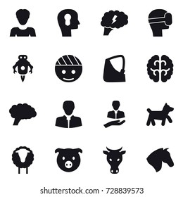 16 vector icon set : woman, bulb head, brain, virtual mask, jet robot, dog, sheep, pig, cow, horse