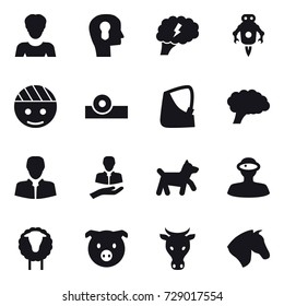 16 vector icon set : woman, bulb head, brain, jet robot, dog, sheep, pig, cow, horse