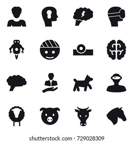 16 vector icon set : woman, bulb head, brain, virtual mask, jet robot, dog, sheep, pig, cow, horse