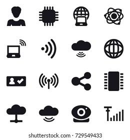 16 vector icon set : woman, chip, notebook globe, atom, notebook wireless, wireless, cloud wireless, check in