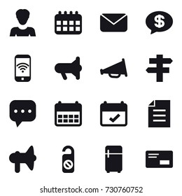 16 vector icon set : woman, calendar, mail, money message, phone wireless, megafon, loudspeaker, singlepost, do not distrub, fridge
