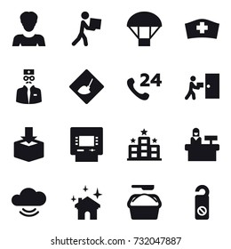 16 vector icon set : woman, courier, parachute, under construction, atm, hotel, reception, house cleaning, washing powder, do not distrub