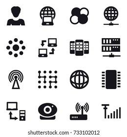 16 vector icon set : woman, notebook globe, atom core, globe connect, round around, notebook connect, server, antenna, chip