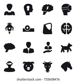 16 vector icon set : woman, bulb head, brain, virtual mask, jet robot, dog, pig, cow, horse