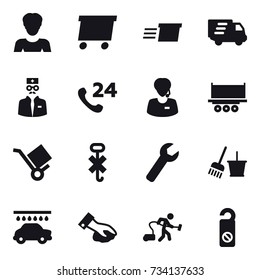 16 vector icon set : woman, delivery, wrench, bucket and broom, car wash, wiping, vacuum cleaner, do not distrub