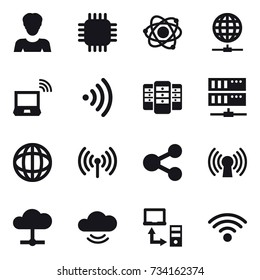 16 vector icon set : woman, chip, atom, globe connect, notebook wireless, wireless, server