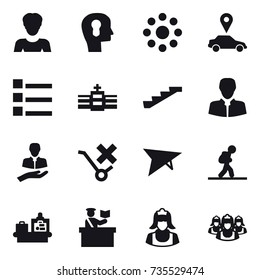 16 vector icon set : woman, bulb head, round around, car pointer, list, stairs, deltaplane, tourist, baggage checking, inspector, cleaner, outsource