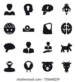 16 vector icon set : woman, bulb head, brain, jet robot, dog, sheep, pig, cow