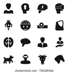 16 vector icon set : woman, bulb head, brain, virtual mask, jet robot, dog, cow, horse