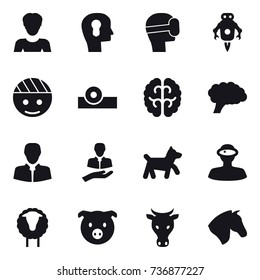 16 vector icon set : woman, bulb head, virtual mask, jet robot, dog, sheep, pig, cow, horse