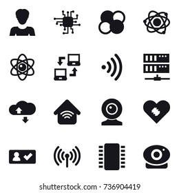 16 vector icon set : woman, chip, atom core, atom, notebook connect, wireless, server, cloude service, wireless home, web cam, check in