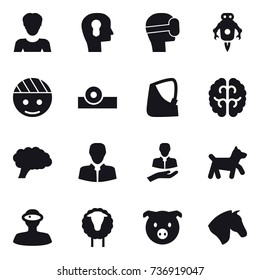 16 vector icon set : woman, bulb head, virtual mask, jet robot, dog, sheep, pig, horse