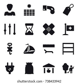 16 vector icon set : woman, sun power, hand coin, label, equalizer, sail boat, lounger, rack, warehouse, garden cleaning