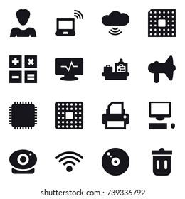 16 vector icon set : woman, notebook wireless, cloud wireless, cpu, calculator, baggage checking, loudspeaker, trash bin