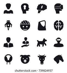 16 vector icon set : woman, bulb head, brain, virtual mask, jet robot, dog, sheep, pig, cow, horse