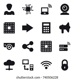 16 vector icon set : woman, chip, notebook wireless, web cam, cpu, right arrow, calculator, loudspeaker, surveillance camera