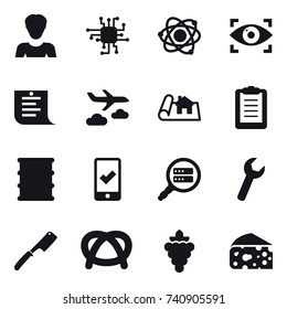 16 vector icon set : woman, chip, atom, eye identity, shopping list, journey, project, mobile checking, chef knife, grape, cheese