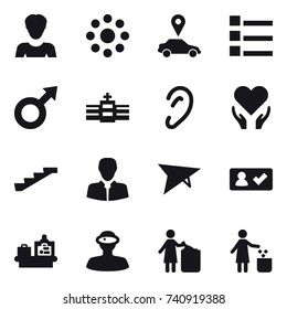 16 vector icon set : woman, round around, car pointer, list, stairs, deltaplane, check in, baggage checking, garbage bin