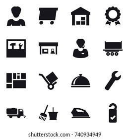 16 vector icon set : woman, delivery, warehouse, medal, tools, gas station, wrench, sweeper, bucket and broom, iron, please clean