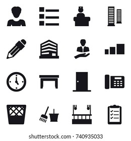 16 vector icon set : woman, list, skyscrapers, pencil, watch, table, door, trash bin, bucket and broom, skyscapers cleaning, clipboard list