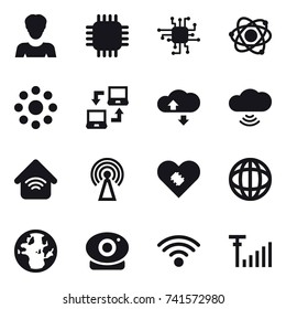 16 vector icon set : woman, chip, atom, round around, notebook connect, cloude service, cloud wireless, wireless home, antenna