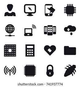 16 vector icon set : woman, monitor arrow, touch, chip, globe connect, notebook wireless, server, cloude service, cpu, calculator, wireless, bug