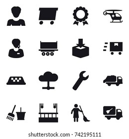 16 vector icon set : woman, delivery, medal, taxi, wrench, trash truck, bucket and broom, skyscapers cleaning, brooming, home call cleaning