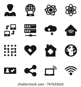 16 vector icon set : woman, notebook globe, atom, notebook connect, server, cloude service, wireless home, chip, smart house, check in