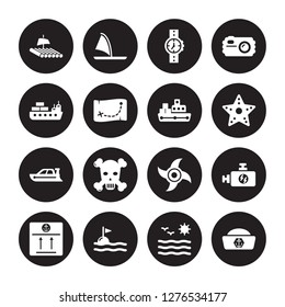 16 vector icon set : Wood Raft, Sea, sea flag, Package, Ship Engine, Sailor cap, Vessel, Speed boat, Tanker isolated on black background