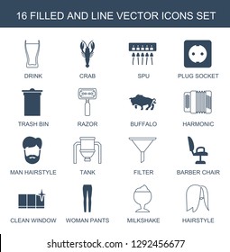 16 vector icons. Trendy vector icons white background. Included filled and line icons such as drink, crab, spu, plug socket, trash bin, razor. vector icon for web and mobile.
