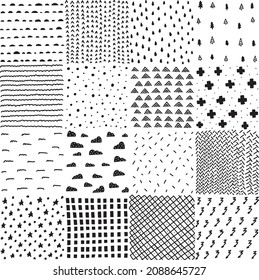 16 vector patterns with hand drawn black texture. NOT seamless pattern