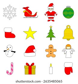 16 vector style christmas icons featuring festive seasonal elements in bright colors