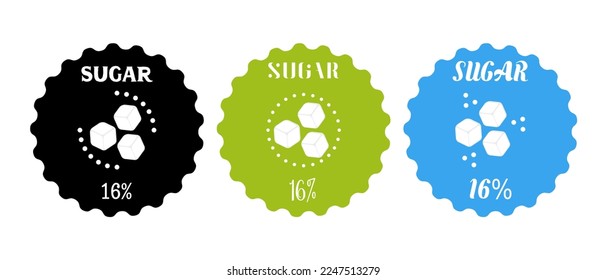 16% Vector sugar cubes set in circle icon. Food packaging decoration element. Sweet, nutritious, tasty sugar. Sugar Logo. Vector illustration. Black,green and blue color.