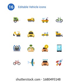 16 vehicle flat icons set isolated on . Icons set with pet trailer, Tipper, moon rover, excavator, Taxi service, Autonomous, Autopilot, Delivery service, Car rental, Bike icons.