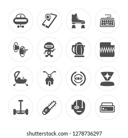 16 Vehicle, Smartphone, Chainsaw, Hoverboard, Hologram, Tank, Teleportation, Kettle modern icons on round shapes, vector illustration, eps10, trendy icon set.