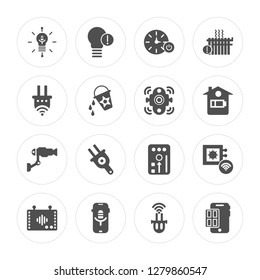 16 Voice control, Light, Microphone, Intercom, Dimmer, Mobile, Smart, Security camera, Doorbell modern icons on round shapes, vector illustration, eps10, trendy icon set.