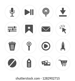 16 Voice recorder, Pause, Tag, Prohibition, Rocket launch, Shopping cart, Settings, Garbage, Envelope modern icons on round shapes, vector illustration, eps10, trendy icon set.