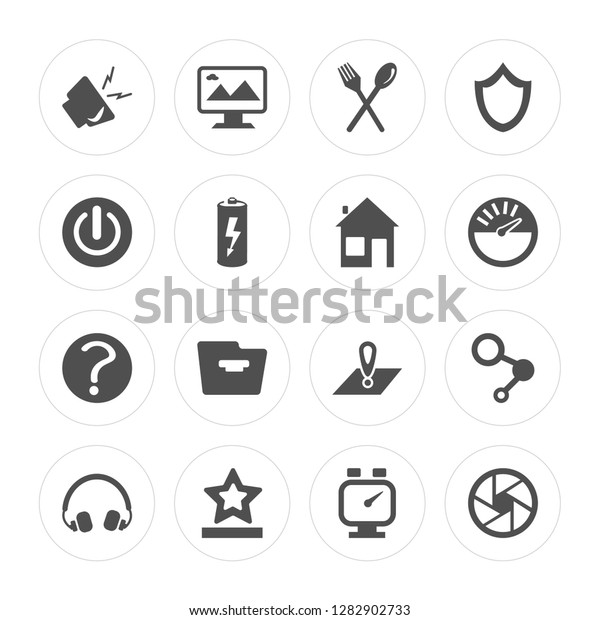 16 Volume, Monitor, Favorite,\
Headphones, Share, Shutter, Power, Help, Home modern icons on round\
shapes, vector illustration, eps10, trendy icon\
set.