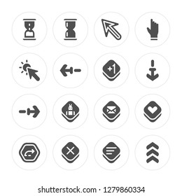 16 Waiting, Wait, Clear, Next, Favorite, Up arrow, Cursor, Plus modern icons on round shapes, vector illustration, eps10, trendy icon set.