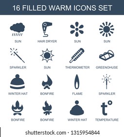 16 warm icons. Trendy warm icons white background. Included filled icons such as sun, hair dryer, sparkler, thermometer, greenohuse, winter hat. warm icon for web and mobile.