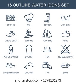 16 water icons. Trendy water icons white background. Included outline icons such as sponge, rain, geyser, laundry, liquid soap, surfing, flippers. water icon for web and mobile.