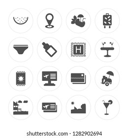 16 Watermelon, Map, Postcard, Bungalow, Ice cream, Drink, Swimsuit, Towel, Hotel modern icons on round shapes, vector illustration, eps10, trendy icon set.