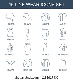 16 wear icons. Trendy wear icons white background. Included line icons such as helmet, gloves, jacket, dress, tie, skirt, overcoat, baby onesie. wear icon for web and mobile.