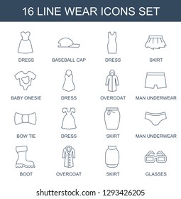 16 wear icons. Trendy wear icons white background. Included line icons such as dress, baseball cap, skirt, baby onesie, overcoat, man underwear. wear icon for web and mobile.