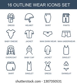 16 wear icons. Trendy wear icons white background. Included outline icons such as dress, helmet, skirt, pants, baby onesie, jacket, man swim wear. wear icon for web and mobile.